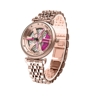 Spinning Car Watch for women with Stainless Steel Band Waterproof Japanese Quartz Wrist Watch