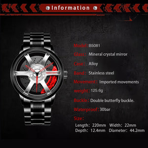 Car Rim Watch-Waterproof Stainless Steel Japanese Quartz Wrist Watch Sports Men’s Watches (Silver)