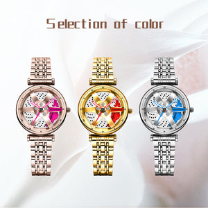 Spinning Car Watch for women with Stainless Steel Band Waterproof Japanese Quartz Wrist Watch