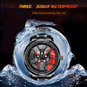 Car Wheel Watch-Waterproof Stainless Steel Japanese Quartz Wrist Watch (Red)