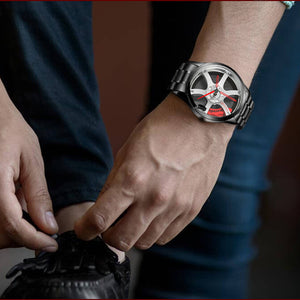 Car Rim Watch-Waterproof Stainless Steel Japanese Quartz Wrist Watch Sports Men’s Watches (Silver)